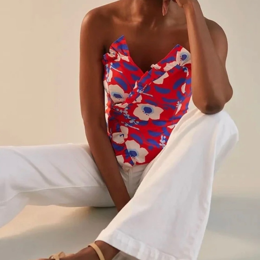 Anthropologie Hutch Motif Corset Top Floral Strapless Ruffle Red Blue size 6 NWT - Picture 2 of 9
